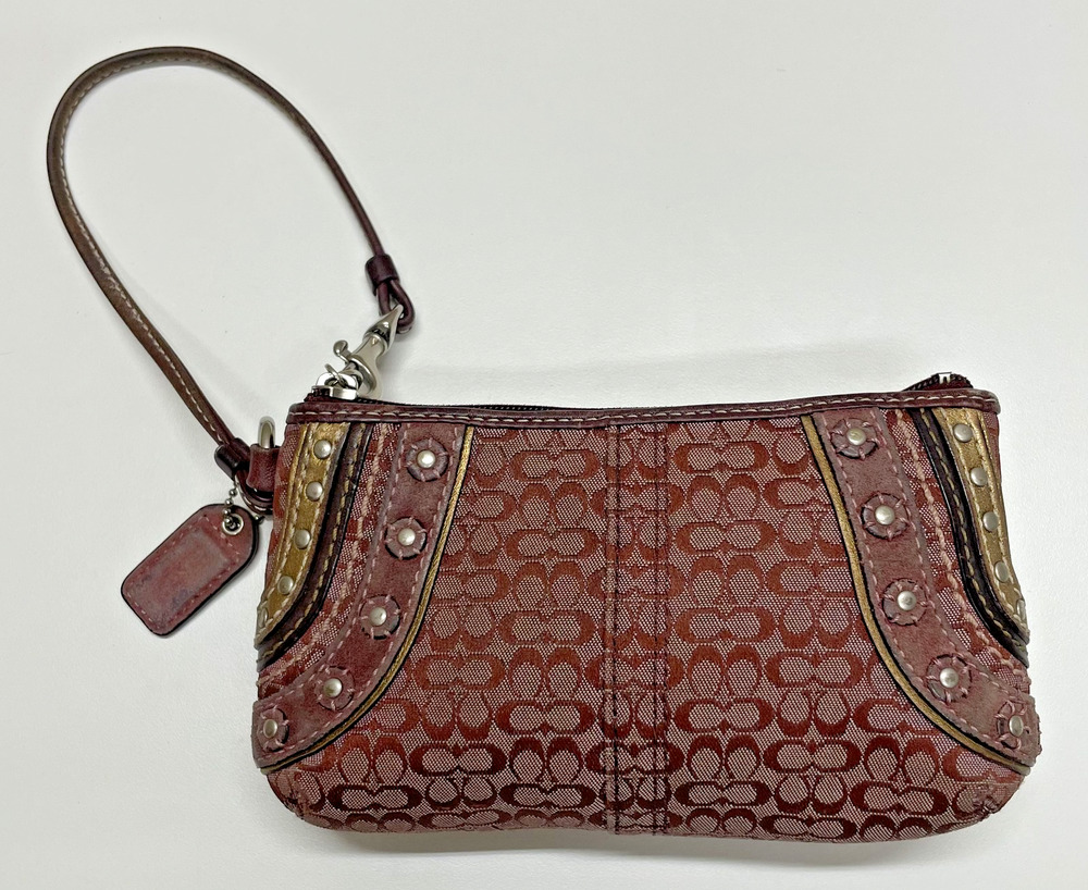 Coach Signature Jacquard Studded Wristlet Maroon Burgundy Suede Trim Y2K Vintage